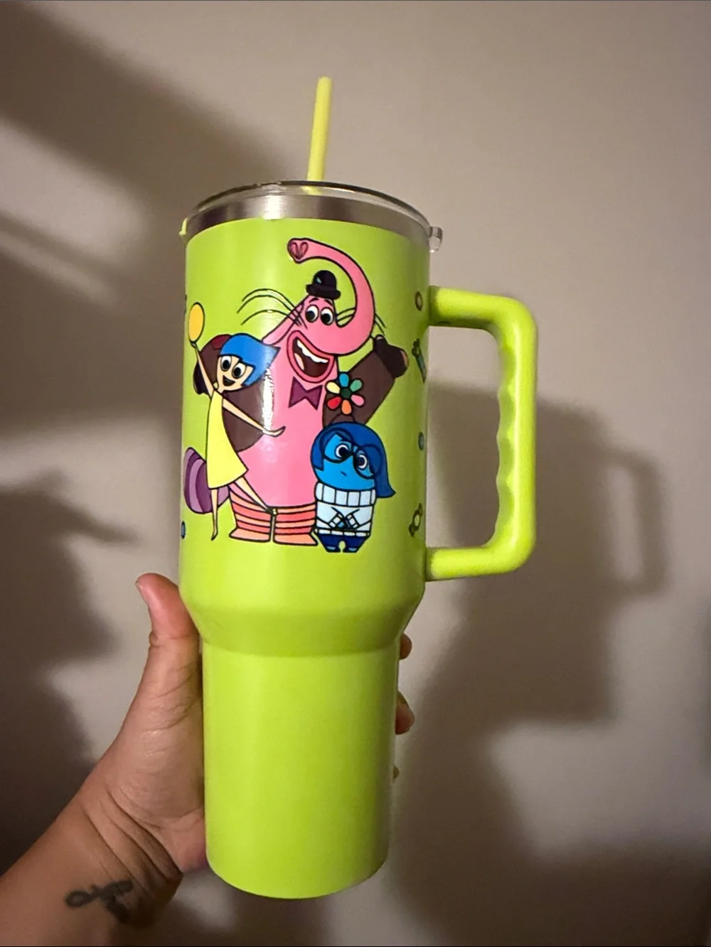 Neon Green Cartoon Stainless Steel Travel Tumbler with Handle and Straw